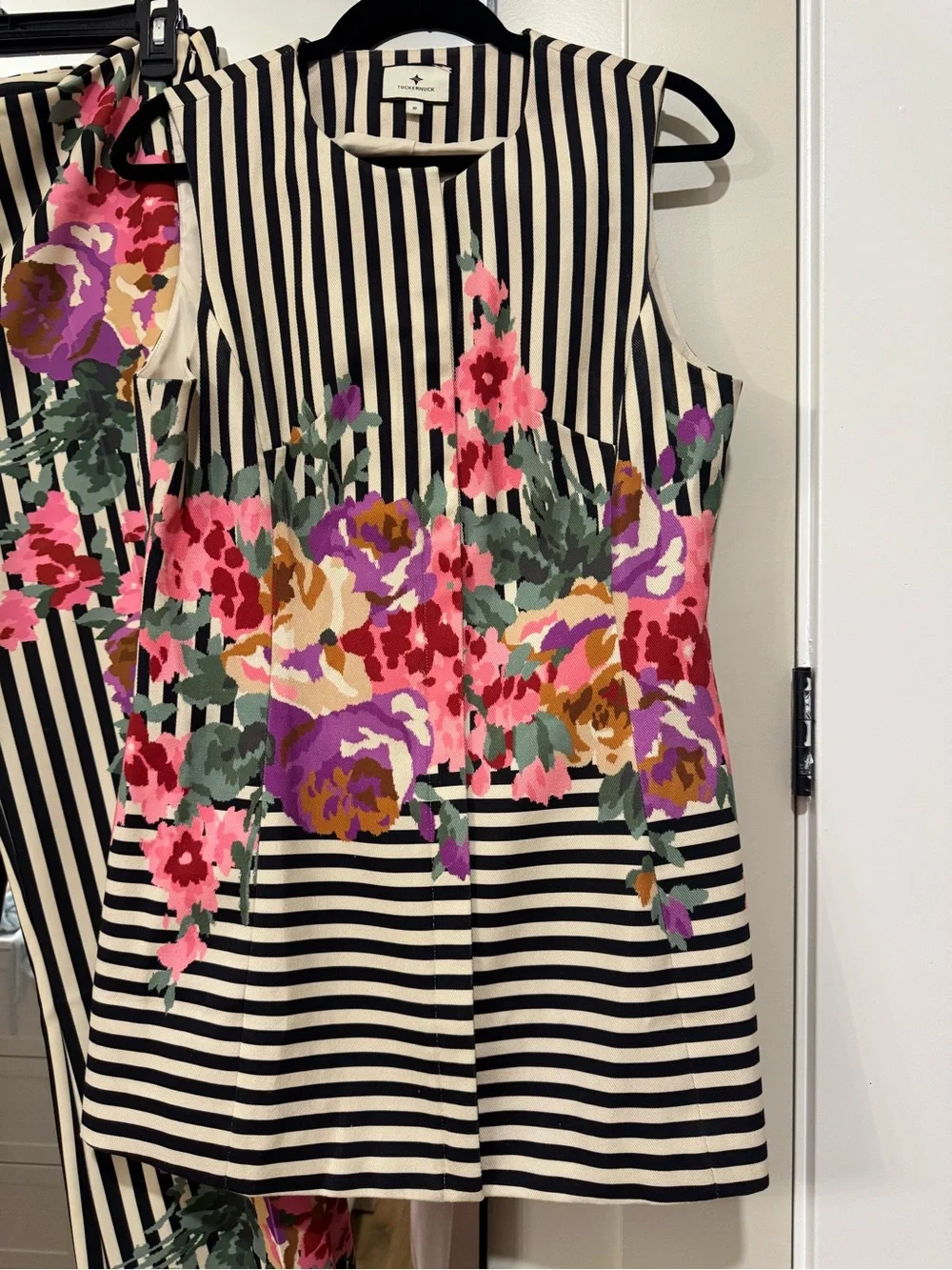 Tuckernuck Black & White Striped Wide-Leg Pants with Pink Floral Print